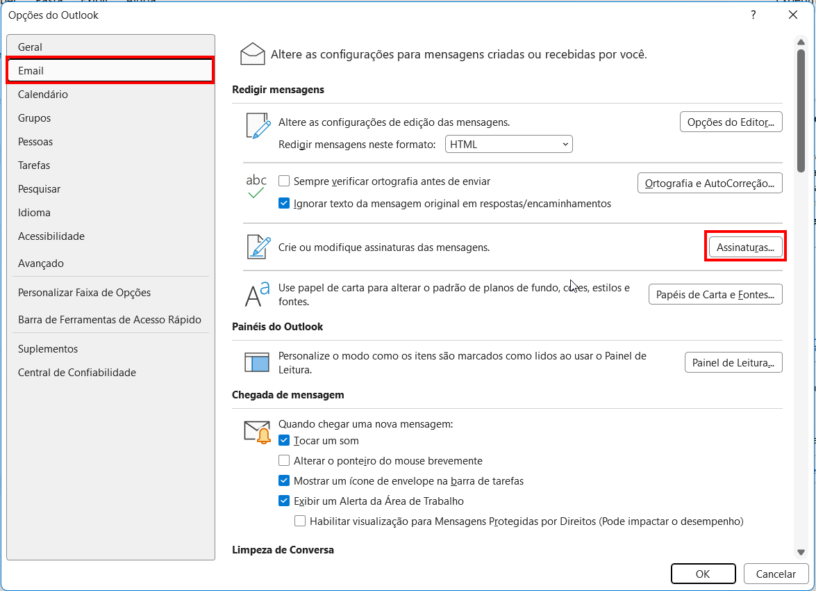 Caminho das configurações no Outlook Clássico