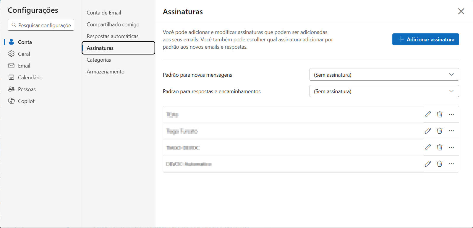Caminho das configurações no Outlook Web
